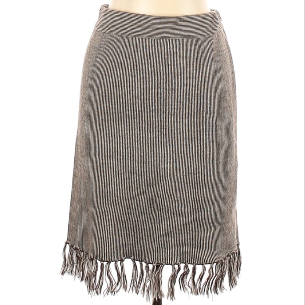 Kenar Brown Beige Striped Fringe Wool Knit Skirt Midi Tassel Medium 90’s - Picture 5 of 6